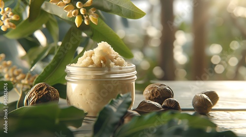 A jar of shea butter body scrub placed on a table with shea nuts and leaves photo