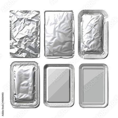 Set of realistic empty silver aluminum food trays. Blank rectangular foil containers. Disposable packaging for food.