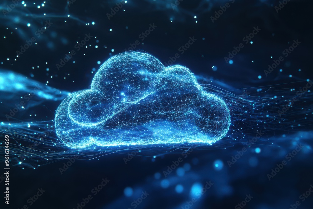 Digital cloud icon with glowing lines and data connections representing modern technology and cloud computing Digital cloud icon with glowing lines and data connections representing modern technology and cloud computing