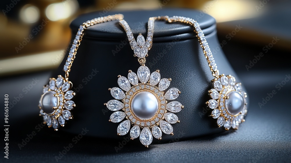 Elegant pearl and diamond jewelry set displayed on a black stand Elegant pearl and diamond jewelry set displayed on a black stand