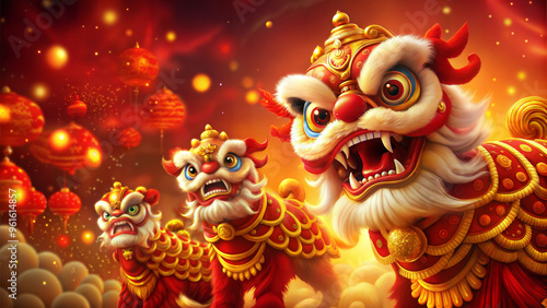 Chinese lion dance with rich red and gold colors, dynamic and festive style background