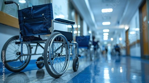 empty wheelchairs in the hospital waiting for patient services with light copy space on the left focusing on mobility assistance and healthcare services for patients