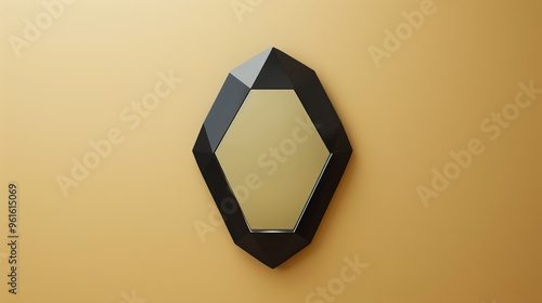 A striking geometric wall mirror with a sleek black frame and faceted edges, mounted on a smooth golden wall. The minimalist and modern design makes it a perfect statement piece for contemporary photo