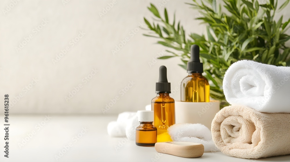 A serene spa setting with a neatly arranged facial treatment area featuring soft towels and essential oils on a light solid color background A serene spa setting with a neatly arranged facial treatment area featuring soft towels and essential oils on a light solid color background