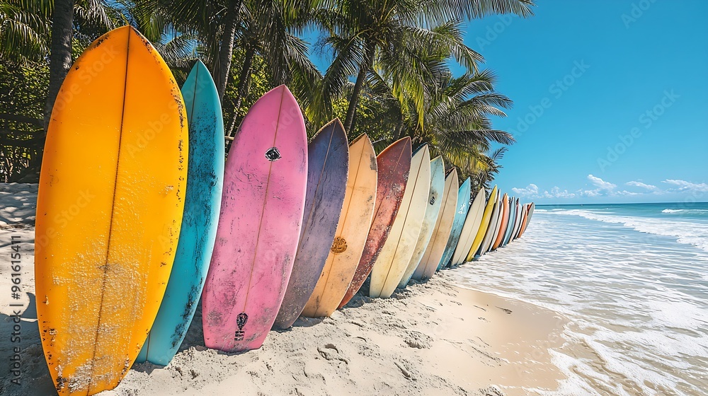 Colorful surfboards on a tropical beach with palm trees, clear sky, vibrant and sunny beach scene Colorful surfboards on a tropical beach with palm trees, clear sky, vibrant and sunny beach scene