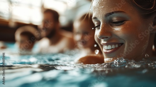 A smiling woman and her family enjoy swimming in an indoor pool, creating happy memories together. The image captures the joy of family bonding and aquatic fun.