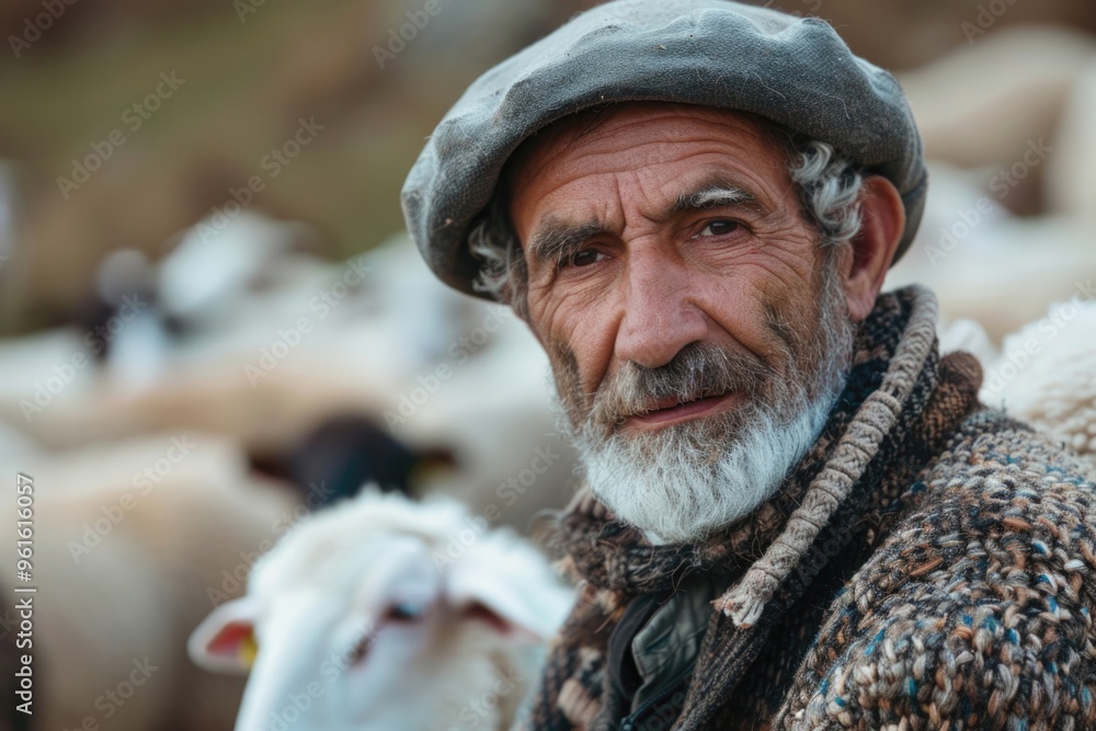 Shepherd in traditional attire with flock of sheep in rustic countryside setting AI Shepherd in traditional attire with flock of sheep in rustic countryside setting AI
