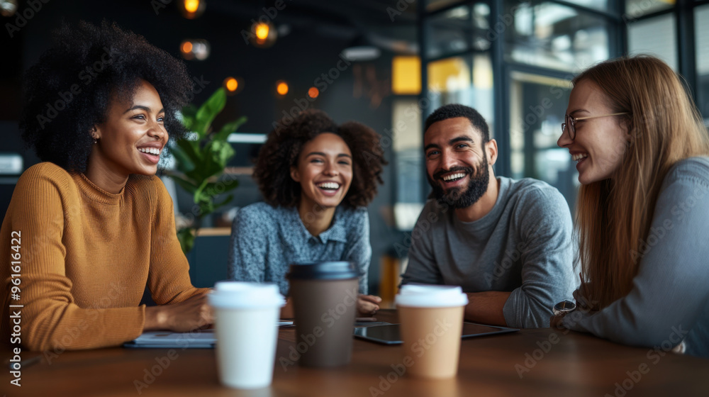 Diverse group of four cheerful colleagues enjoying animated communication during Diverse group of four cheerful colleagues enjoying animated communication during