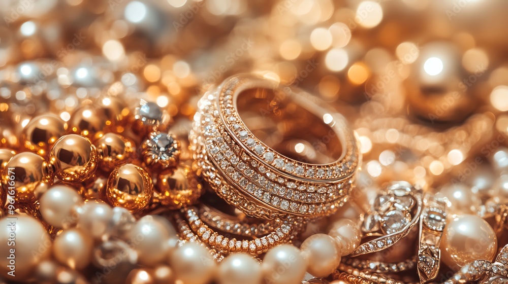 A stunning collection of golden jewelry featuring a sparkling ring among elegant pearls and shimmering beads, perfect for luxury. A stunning collection of golden jewelry featuring a sparkling ring among elegant pearls and shimmering beads, perfect for luxury.