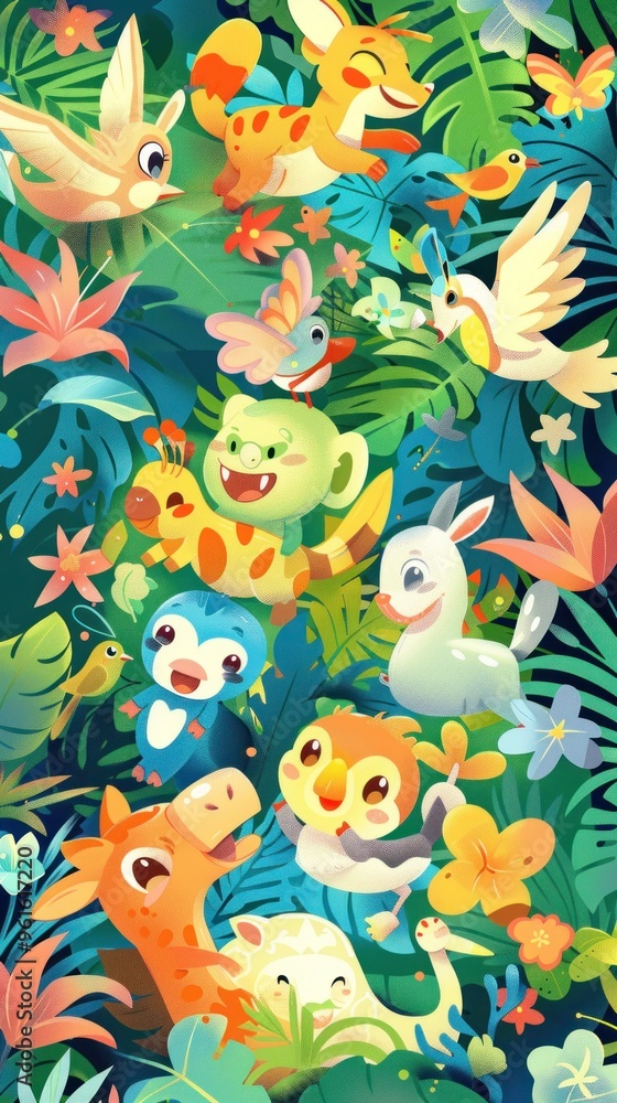 Colorful Cartoon Animals in Jungle. Colorful Cartoon Animals in Jungle.