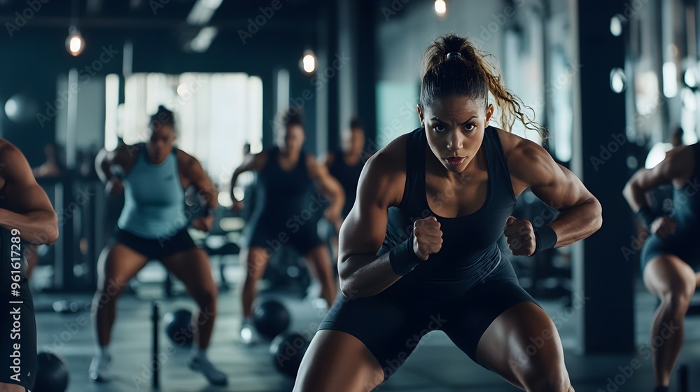 A group of diverse individuals performing a high-intensity workout in a modern gym setting with motivational quotes on the walls A group of diverse individuals performing a high-intensity workout in a modern gym setting with motivational quotes on the walls