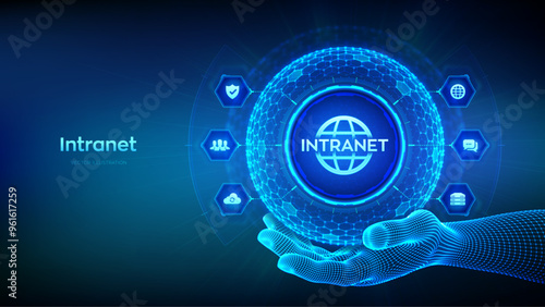 INTRANET. Global Network Connection Technology concept in the shape of sphere with hexagon grid pattern in wireframe hand. Intranet Business Corporate communication. DMS. Vector illustration.
