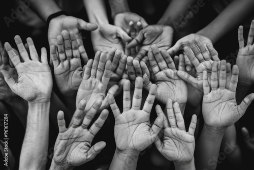 Diverse Hands Raised Together in Unity and Solidarity photo