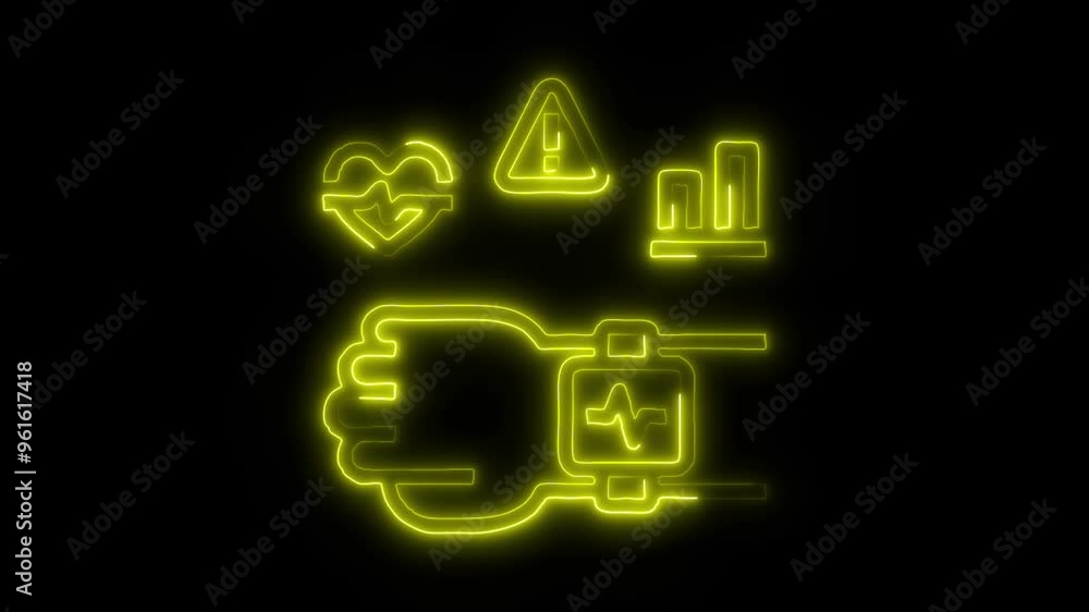 Neon Smartwatch Health Icon Video HD - Glowing Fitness Tracker with Heartbeat, Warning, and Progress Symbols on Black Background Animation for Health Monitoring Neon Smartwatch Health Icon Video HD - Glowing Fitness Tracker with Heartbeat, Warning, and Progress Symbols on Black Background Animation for Health Monitoring