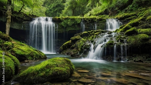 Waterfalls in verdant landscape 
