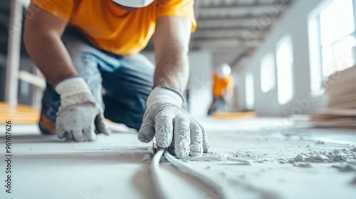 A construction worker kneels on the floor carefully placing cabling, focusing on precision and safety to ensure the electrical wiring is installed correctly in the building project.