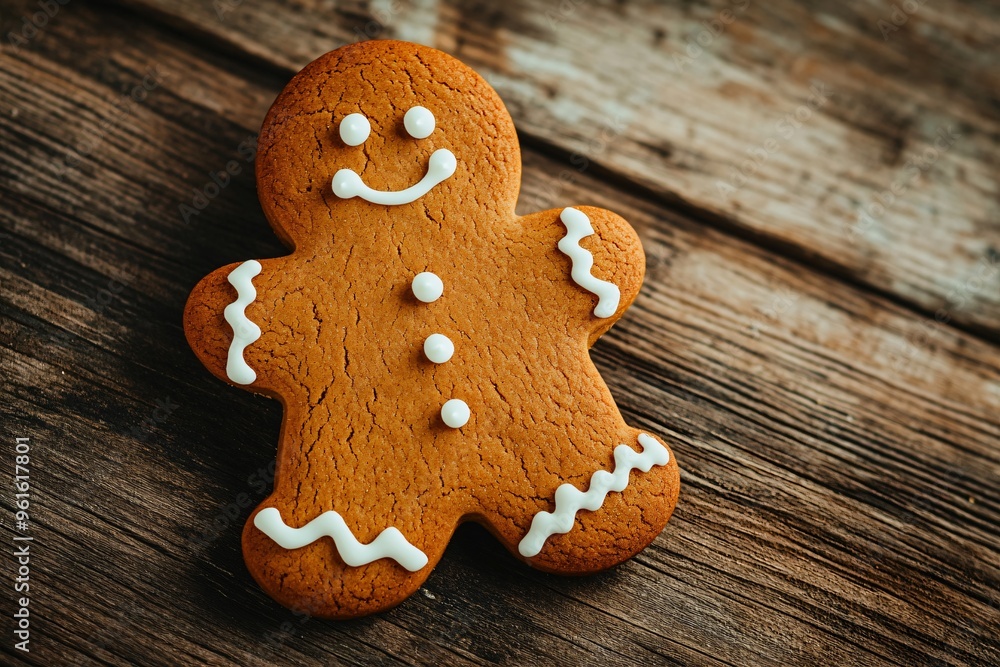 Gingerbread Man Cookie on Rustic Wooden Background Gingerbread Man Cookie on Rustic Wooden Background