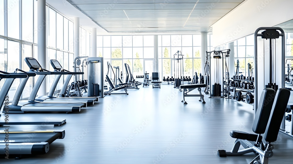 A spacious gym interior with modern workout equipment on a white background, emphasizing the clean and organized environment A spacious gym interior with modern workout equipment on a white background, emphasizing the clean and organized environment