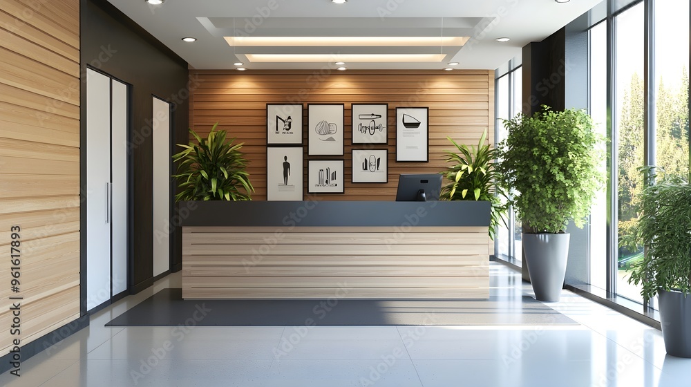 A modern gym reception area featuring a sleek front desk, potted plants, and motivational posters on the walls, with ample copy space for branding A modern gym reception area featuring a sleek front desk, potted plants, and motivational posters on the walls, with ample copy space for branding