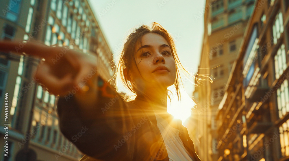 Young woman pointing in the morning sun. Young woman pointing in the morning sun.