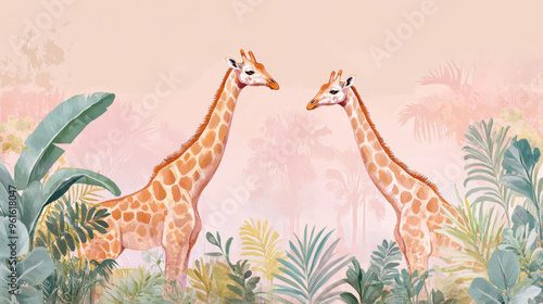 Elegant giraffes reaching for leaves with a pastel zoo background setting.