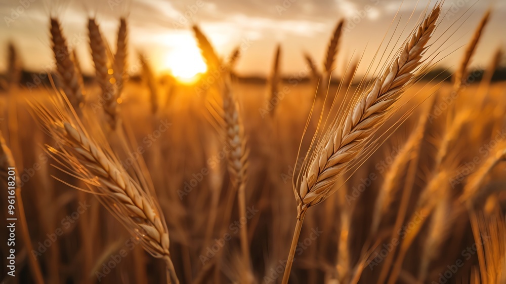 Golden Wheat Field at Sunset with Close-Up of Wheat Ears Golden Wheat Field at Sunset with Close-Up of Wheat Ears