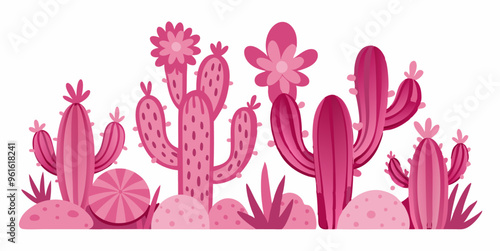 Pink cactus row with flowers on white background in rectangular pattern