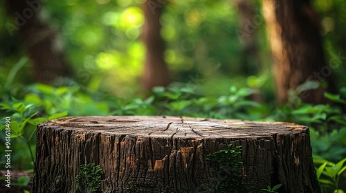 wooden stump used as a natural platform for product display with a green forest background focusing on the organic and rustic textures perfect for nature-themed products