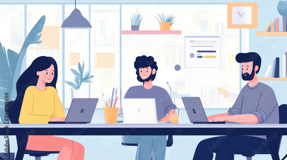Energetic group of professionals discussing business strategies, laptops open, in a lively Energetic group of professionals discussing business strategies, laptops open, in a lively