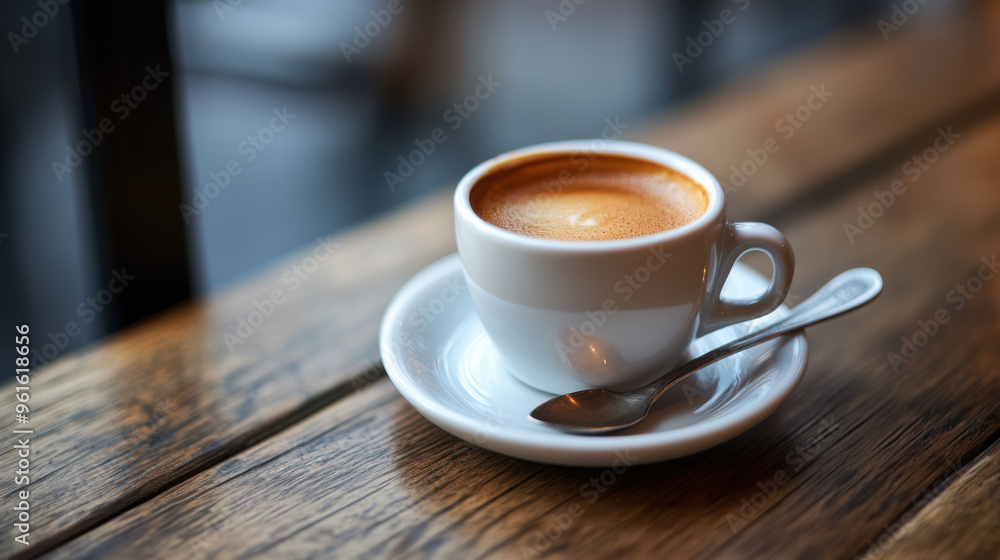 Espresso cup with a saucer, spoon resting on the side, in an elegant café setting. Espresso cup with a saucer, spoon resting on the side, in an elegant café setting.