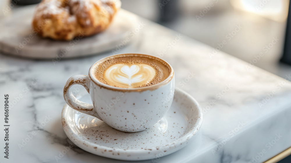 Espresso in a stylish ceramic cup, served on a marble counter with a delicate pastry. Espresso in a stylish ceramic cup, served on a marble counter with a delicate pastry.