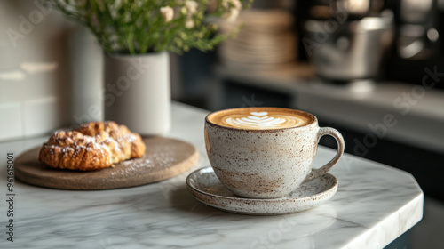 Espresso in a stylish ceramic cup, served on a marble counter with a delicate pastry.