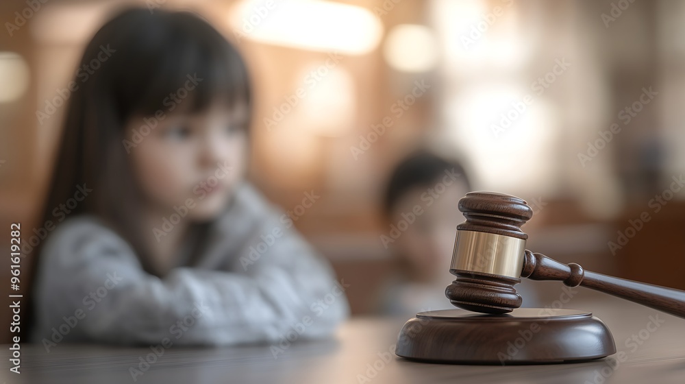 Gavel in courtroom, soft focus on child and adult, symbolizing family legal decisions Gavel in courtroom, soft focus on child and adult, symbolizing family legal decisions