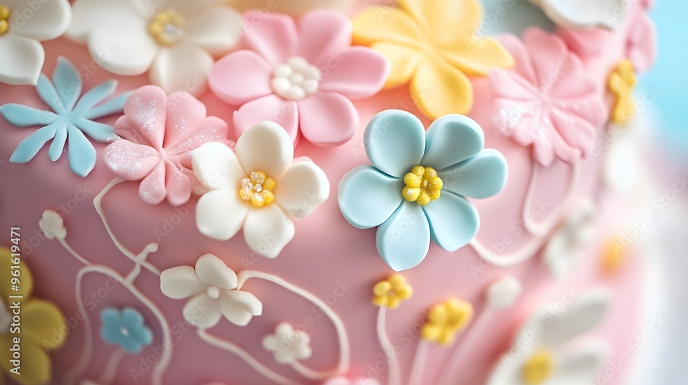 A close-up shot of a birthday cake with intricate fondant decorations, isolated on a light solid color backdrop A close-up shot of a birthday cake with intricate fondant decorations, isolated on a light solid color backdrop
