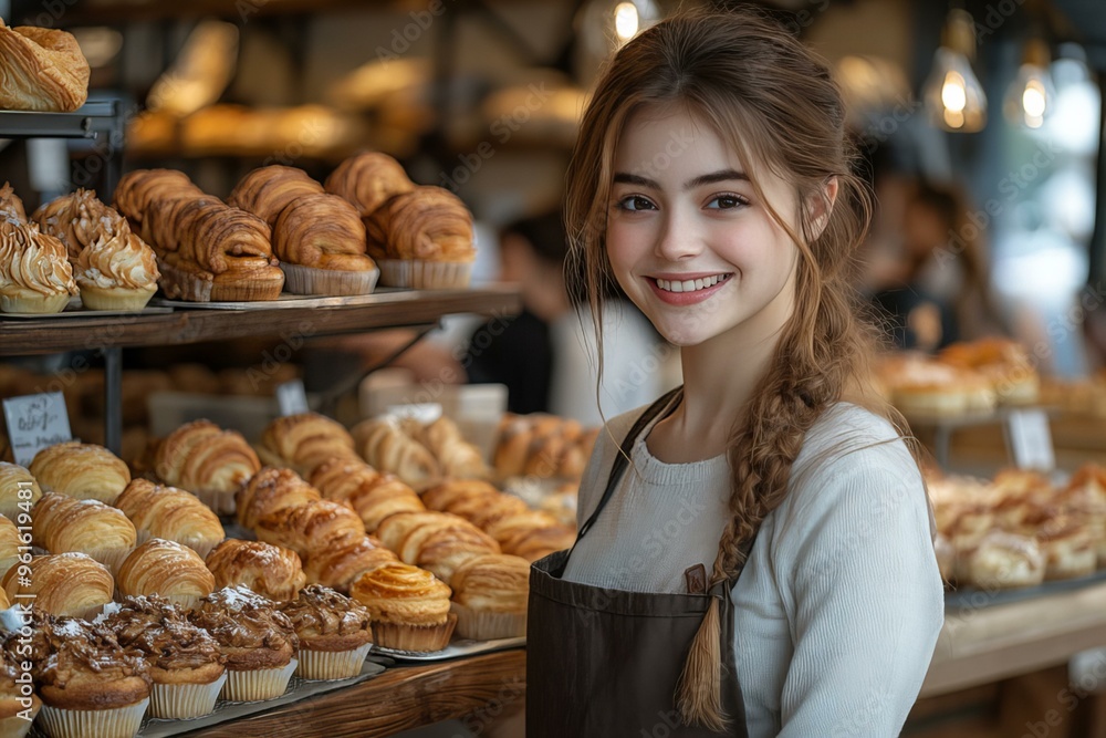 Female baker presenting the various pastries Female baker presenting the various pastries