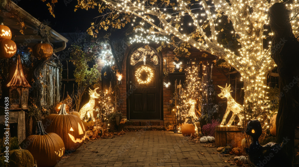 Fantasy-themed Halloween decorations with mystical creatures and sparkling lights, turning Fantasy-themed Halloween decorations with mystical creatures and sparkling lights, turning
