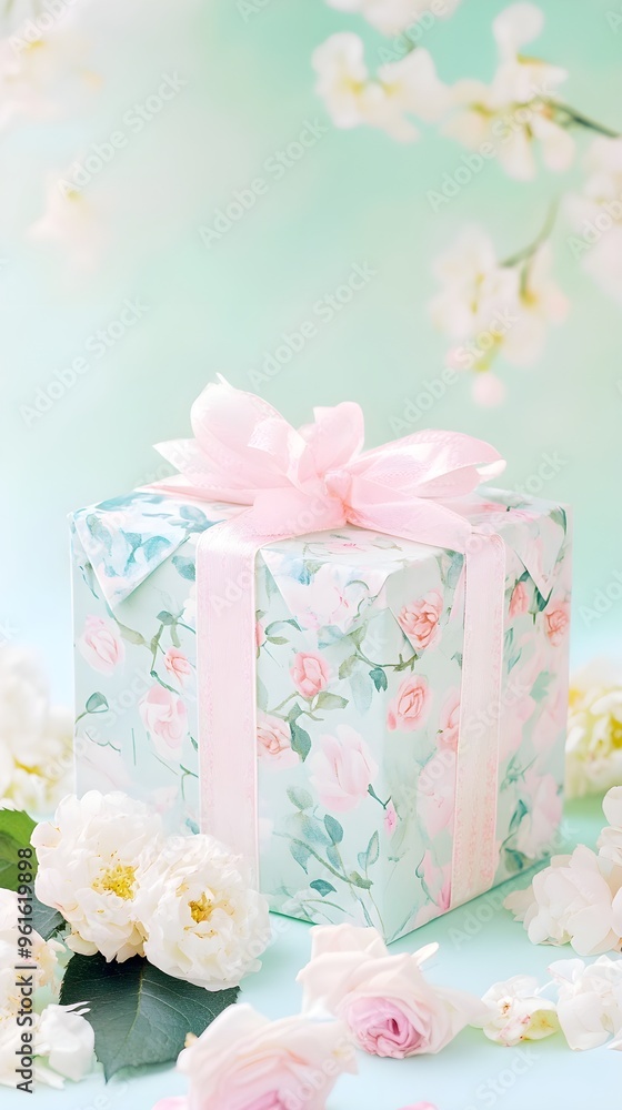 An elegantly designed birthday present with floral patterns placed on a soft pastel background, perfect for a birthday party An elegantly designed birthday present with floral patterns placed on a soft pastel background, perfect for a birthday party