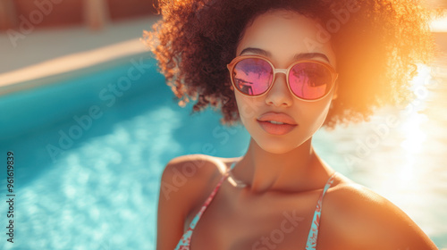 Fashionable woman in a swimsuit posing elegantly by the pool, with the sun casting photo