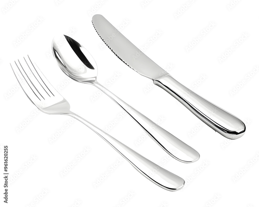 Set of Stainless Steel Cutlery: Spoon, Fork, and Knife, Isolated on a Transparent PNG Background Set of Stainless Steel Cutlery: Spoon, Fork, and Knife, Isolated on a Transparent PNG Background