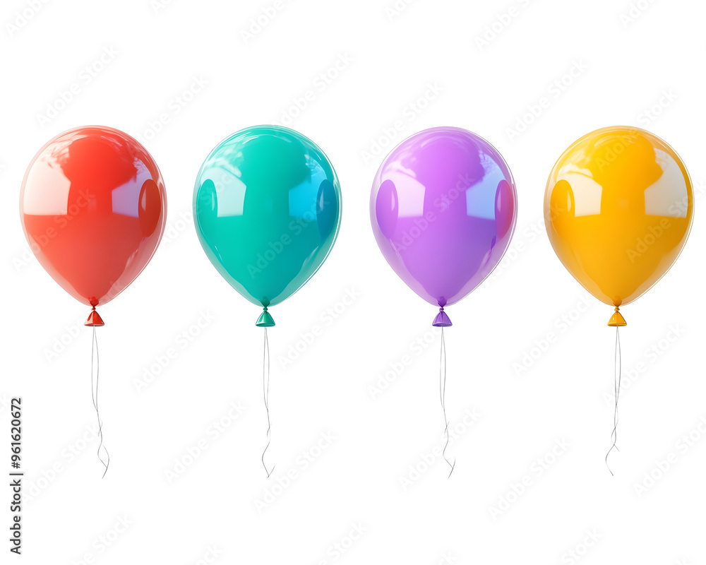 Six Multicolored Balloons Floating, Isolated on a Transparent PNG Background Six Multicolored Balloons Floating, Isolated on a Transparent PNG Background