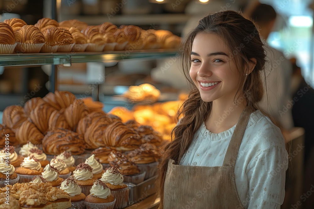 Female baker presenting the various pastries Female baker presenting the various pastries