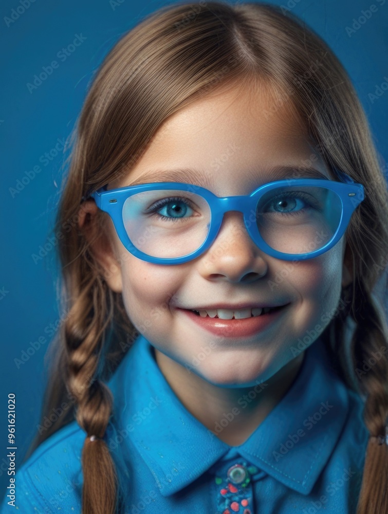 Smile child girl wearing a blue shirt and blue glasses on a blue background Smile child girl wearing a blue shirt and blue glasses on a blue background