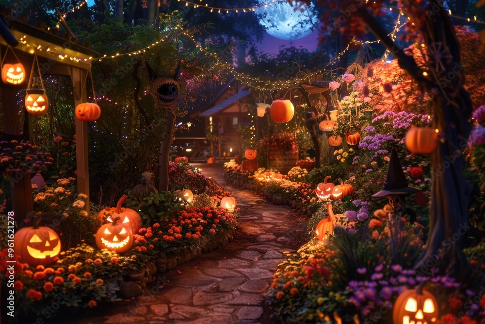 Fototapeta premium Halloween garden path with glowing jack-o'-lanterns, string lights, and vibrant flowers under a full moon, creating a mysterious and festive atmosphere. ai