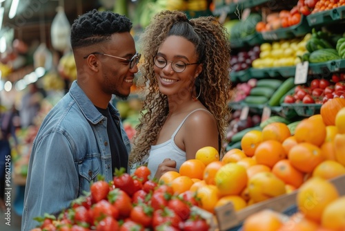 Couple enjoys vibrant shopping experience while selecting fresh produce at local market