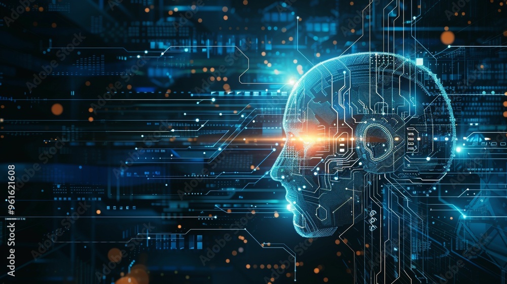 Digital representation of a human head integrated with circuits and technology in a futuristic setting Digital representation of a human head integrated with circuits and technology in a futuristic setting