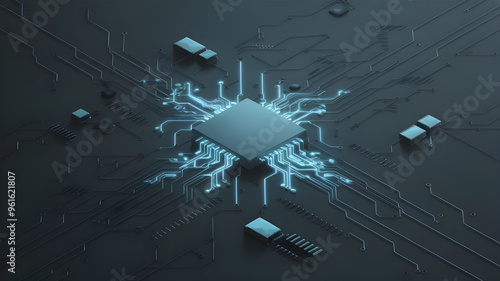 Futuristic Circuit Board with Central Processor. A captivating image of a complex circuit board, showcasing intricate pathways and glowing blue lines.