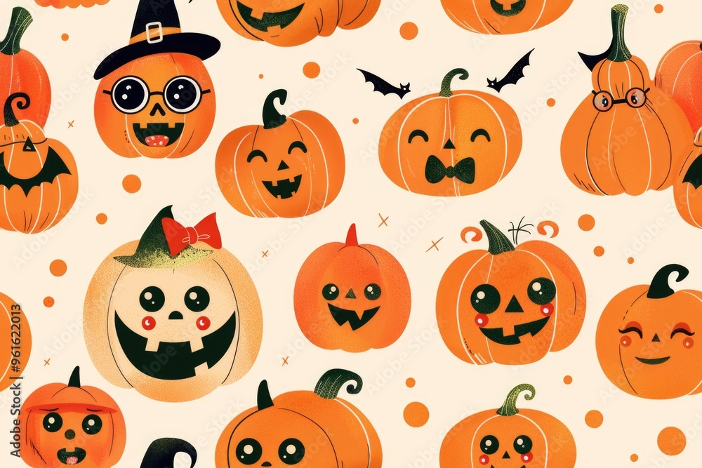 Whimsical halloween pumpkin faces pattern for festive decorations AI