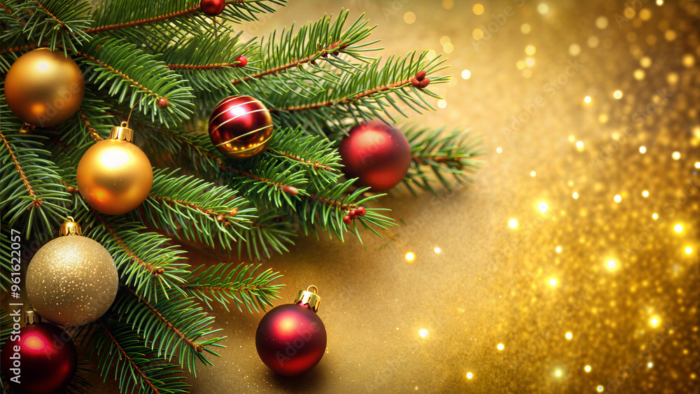 Obraz premium Festive Christmas tree branches adorned with colorful ornaments and sparkling lights 