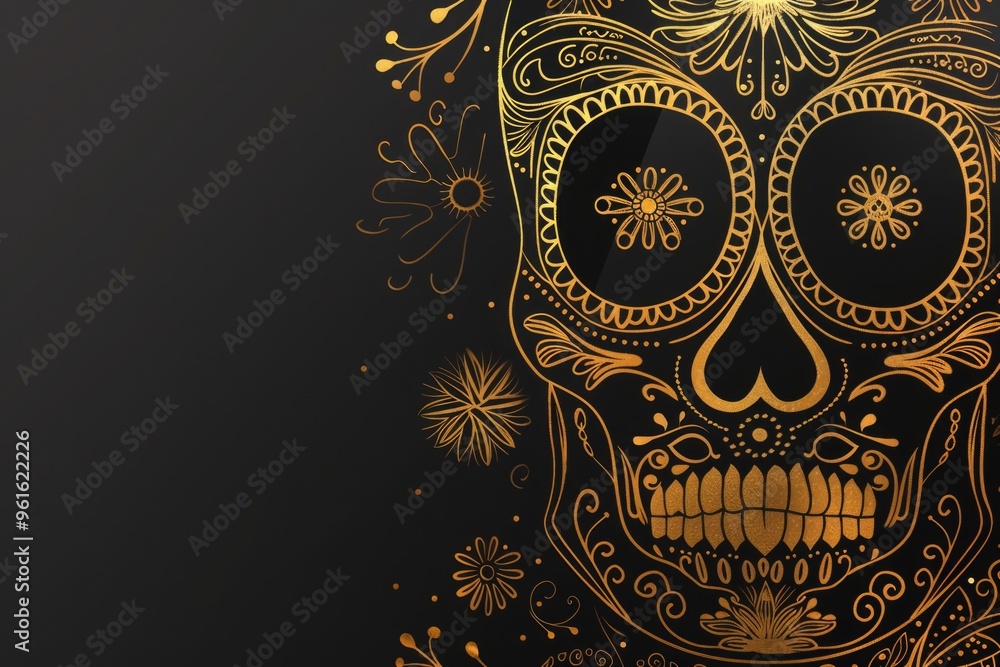 Black skull with gold filigree patterns, set against a dark background, representing luxury and intricate Day of the Dead craftsmanship. ai Black skull with gold filigree patterns, set against a dark background, representing luxury and intricate Day of the Dead craftsmanship. ai