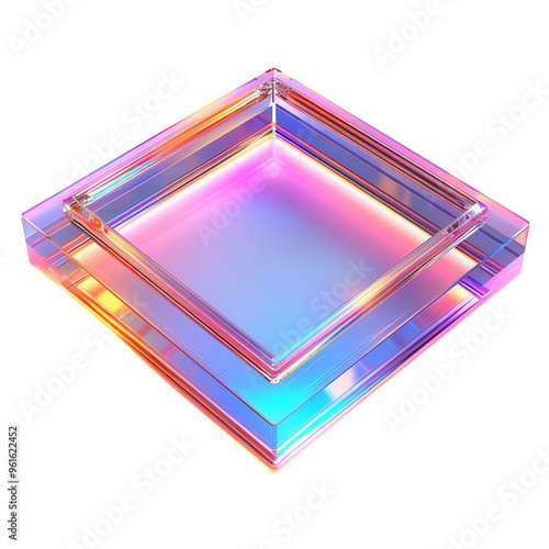 A vibrant, luminous square with a glossy, reflective surface, showcasing a mesmerizing blend of colors and lights. photo